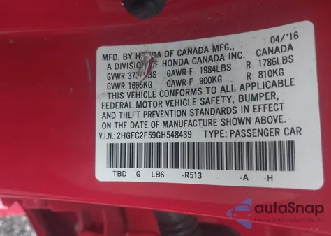 2016 Honda Civic Lx z USA, uszkodzony, nr VIN 2HGFC2F59GH548439